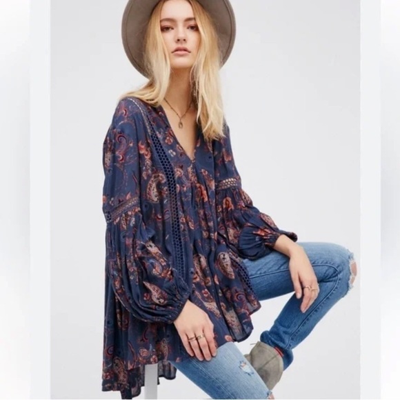Free People | Just The Two of Us Babydoll Paisley Tunic Top Mini Dress Crochet - Picture 1 of 8